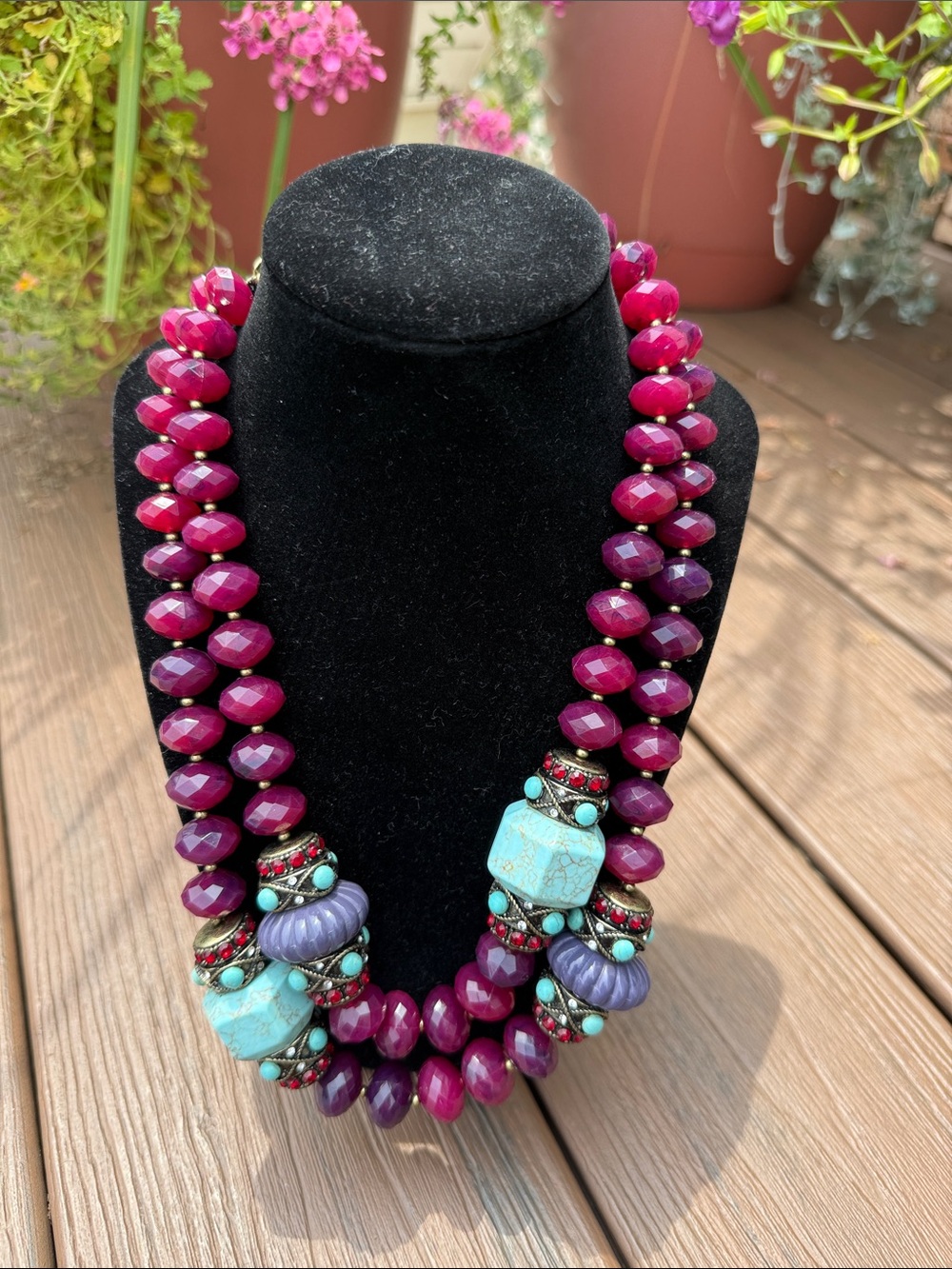Vintage Joan Rivers Fuchsia Multi-Bead Statement Necklace with Turquoise Accents